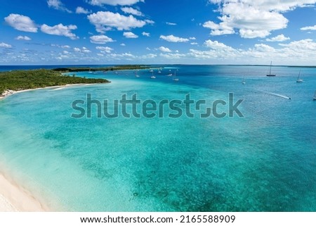The drone aerial view of the beach of Stocking Island, Great Exuma, Bahamas.