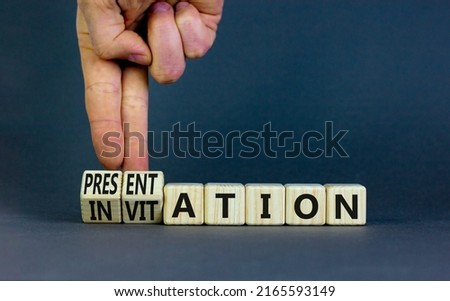 Invitation to presentation symbol. Businessman turns cubes and changes the concept word Invitation to Presentation. Beautiful grey background. Business invitation to presentation concept. Copy space.