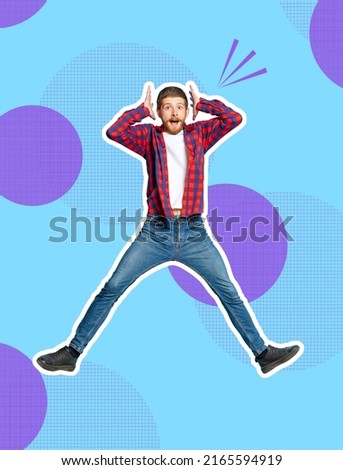 Shock, surprise. Young excited man jumping and shoitong on blue purple background. Concept of human emotions, facial expression, youth, education, business, magazine style. Copy space for ad.