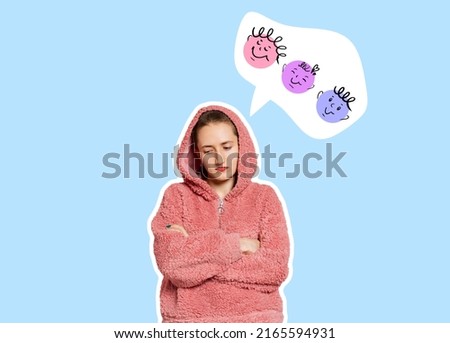 Young sad girl thinking, dreaming on blue background. Collage in magazine style. Flyer with trendy colors, Copyspace for ad. Discount, sales season, fashion, funny meme emotions concept.
