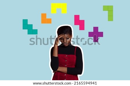Young sad girl thinking, dreaming on blue background. Collage in magazine style. Flyer with trendy colors, Copyspace for ad. Discount, sales season, fashion, funny meme emotions concept.