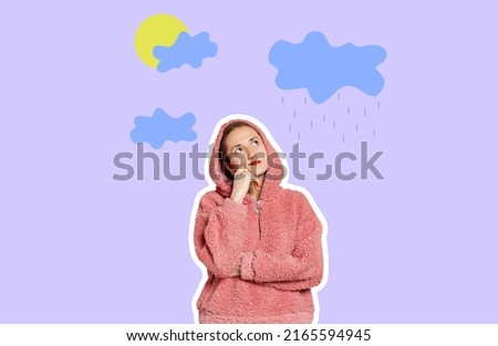 Rainy mood. Young sad girl thinking, dreaming on lilac background. Collage in magazine style. Flyer with trendy colors, Copy space for ad.Human emotions, mental health, mood concept.