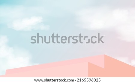 3d Beige podium step with blue and pink sky with cloud background,Vector illustration banner with Stage Showcase mockup, Minimal design Backdrop for Spring, Summer cosmetic product