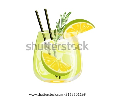 Caipirinha cocktail.Summer refreshing cocktail with lime, ice cubes and rosemary.Classic bar alcoholic drink in a glass with a straw. Royalty-Free Stock Photo #2165601169