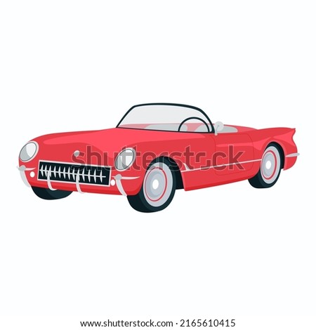 Old car drawing isolated vector. Retro red auto without roof. Cabriolet nastolgia illustration. Antique vehicle for emblem, business card and design Royalty-Free Stock Photo #2165610415