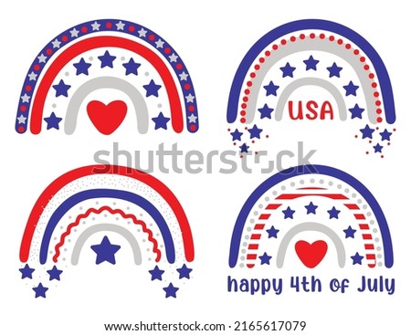 
4th of July set of rainbows. Patriotic iridescent shirt design. Happy Independence day, 4th July national holiday. Usable as greeting card, banner, background.