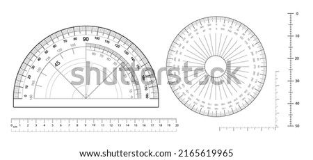 Angles measuring tool set. Round 360 protractors scale, 180 degrees measure, metric rulers set. Equipment protractor to angle measure, drafting chart Royalty-Free Stock Photo #2165619965