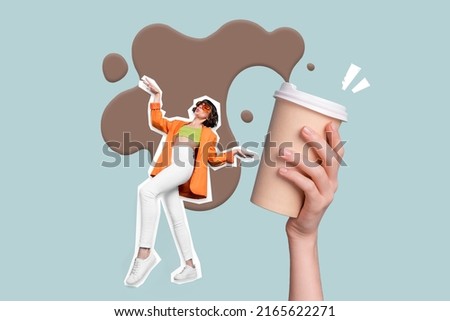 3d retro abstract creative artwork template collage of charming lady dancing arm holding big coffee cup isolated pastel color background