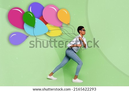 Exclusive minimal magazine sketch collage of purposeful girl dragging many colorful air balls isolated green color background