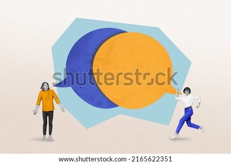 Creative collage portrait of two people black white gamma huge dialogue bubble communication