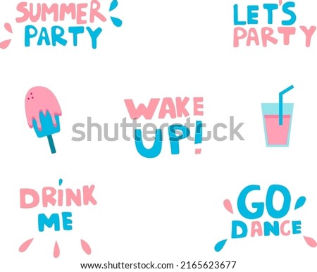Summer party clip art collection.  hand drawn stickers. Summer holidays labels.