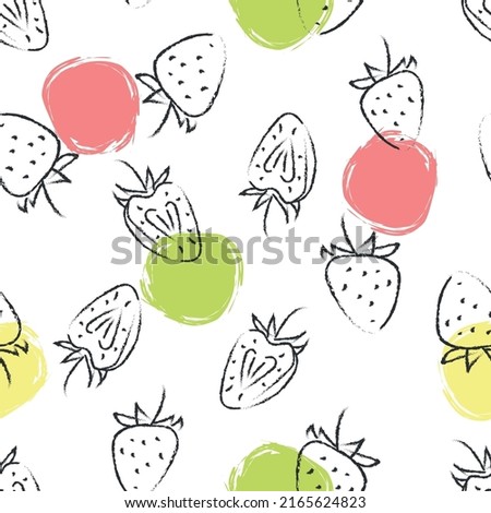 Seamless pattern with strawberries and multicolored shapes
