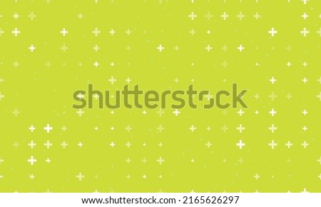 Seamless background pattern of evenly spaced white plus symbols of different sizes and opacity. Vector illustration on lime background with stars