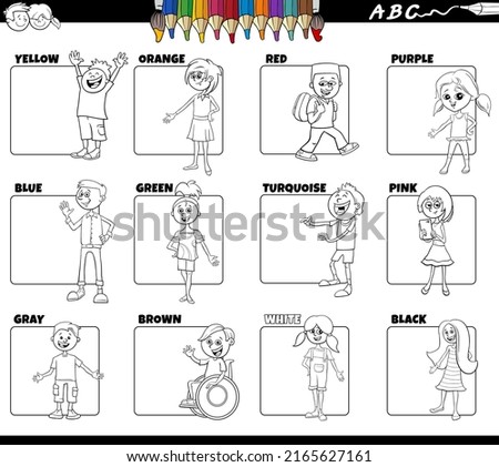 Black and white cartoon illustration of basic colors with comic children characters educational set coloring page