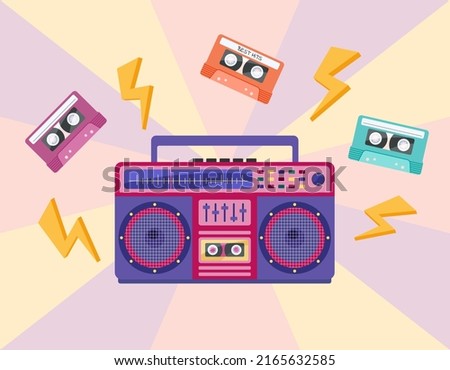 1990s music. Vibrant boombox and tapes isolated. Audio recorder retro device from 80s 90s. Flat vector illustration of colorful boombox and cassettes. Royalty-Free Stock Photo #2165632585