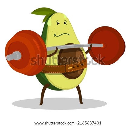 Sports fruit avocado lifts heavy barbell in gym. Endurance training in gym. Healthy fruits. Cartoon vector character isolated on white background
