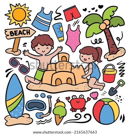Cartoon Kids Building Sand Castle on the Beach, Summer Doodle Design Element, Vector Illustration
