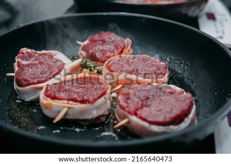 Raw beef meat for cooking steak. Raw beef is sliced, cooking meat for cooking steak in a cooking class. Steak minion. Home made.
