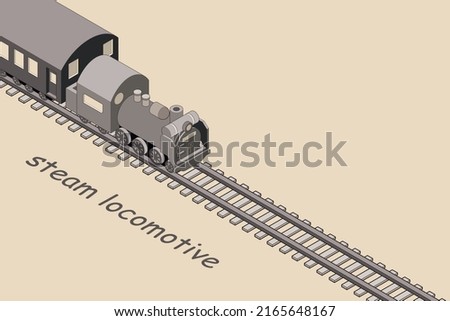 Banner illustration of a steam locomotive running on a railroad track, simple isometric in 3D monochrome. Copy space available. Main line available. Tourism concept.