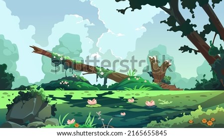 Swamp cartoon landscape. Forest background with marsh and lake, cartoon fantasy pond with moss and reed plants. Vector game illustration. Tree trunks and bog grass with lotus flowers Royalty-Free Stock Photo #2165655845