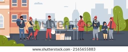 Charity for homeless. Cartoon humanitarian help and support for poor people, social charity and volunteer community concept. Vector refectory illustration. Activists giving packages with food Royalty-Free Stock Photo #2165655883