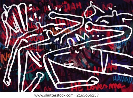 Aggressive graffiti typo wall, character outline, creepy silhouette people, art with graffiti. Dark psychotic writing painted image, flat color. Graffiti for wall art, print and poster