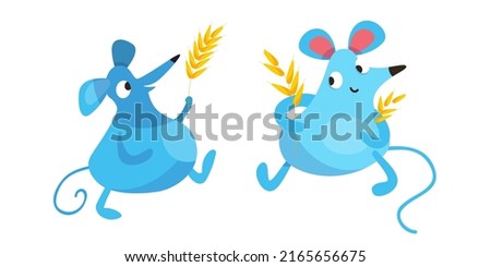 Cute funny mice with ears of wheat. Animals in cartoon style. Vector color illustration. Characters for design of posters, postcards, puzzles.