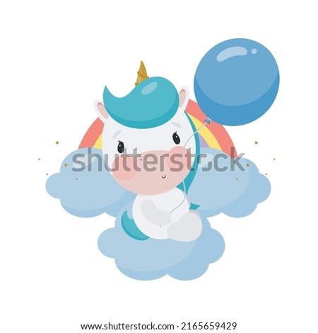 Magic Unicorn with balloon. Cartoon style. Vector illustration. For kids stuff, card, posters, banners, children books, printing on the pack, printing on clothes, fabric, wallpaper, textile or dishes.