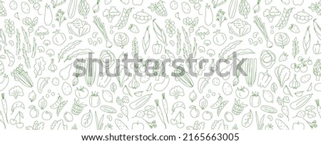 Seamless background pattern of organic farm fresh fruits and vegetables. Vector illustration. Outline thin line style doodle design. Green and white Royalty-Free Stock Photo #2165663005