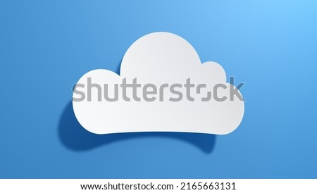 Empty Cloud Speech Bubble. Minimalist abstract design with white cut out paper on blue background. 3D Render.