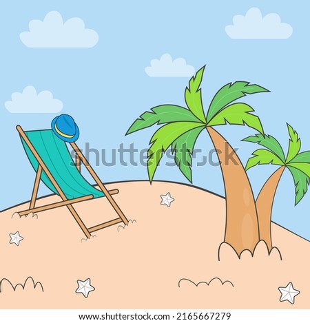 Bright summer landscape with palm trees, hat and recliner. Vector illustration.