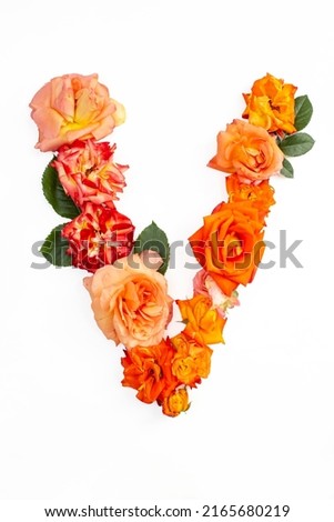 Capital letter V made with red orange roses, isolated on white background