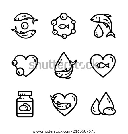 Omega 3 line icon, logo design. Fish oil vector design in trendy style. Fish outline icon set isolated on white background. Royalty-Free Stock Photo #2165687575