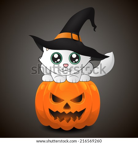 Kawaii cat in a witch hat. Cute illustration.  Cat with pumpkin. Eps 10.
