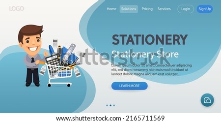 Stationery Store website template. Illustration of a cartoon buyer in stationery shop.