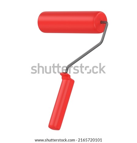 Paint roller with red handle, painting tool isolated on white background, construction clip art. 3D rendering 3D illustration
