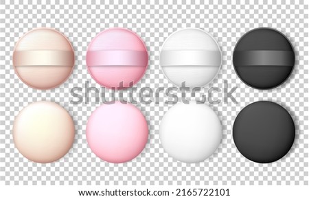 Realistic vector round makeup sponges for compact powder, foundation cushion. Set of beige, pink, white and black powder puffs.  Mockup of cosmetic items top view Royalty-Free Stock Photo #2165722101
