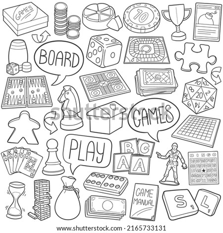 Borad Games Doodle Icons. Hand Made Line Art. Recreation Clipart Logotype Symbol Design.