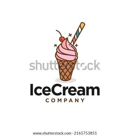 strawberry ice cream logo design. cute pink ice cream with cherry and candy logo cartoon sticker illustration. beverage gelato scoops dessert with colorful straw clip art vector