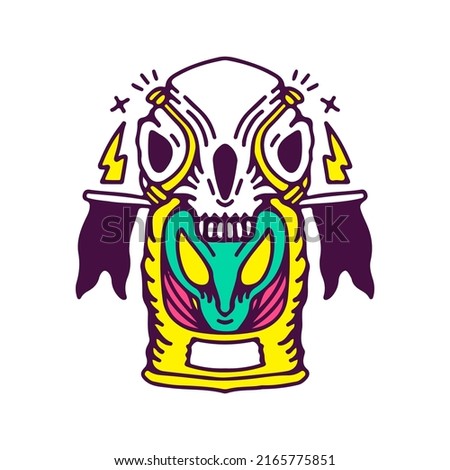 Alien, skull, flags, and lightning, illustration for t-shirt, sticker, or apparel merchandise. With doodle, retro, and cartoon style.