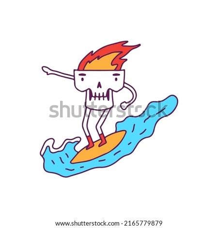 Funny burning skull head surfing, illustration for t-shirt, sticker, or apparel merchandise. With pop art style.