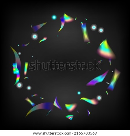 Falling Holograph Confetti. Holo Glam Effect Rainbow Lights. Rainbow Tinsel.  Gradient Overlay Neon Foil Tinsel. Silver Transparent Falling Particles. Blue, Purple, Green Celebration Background.
