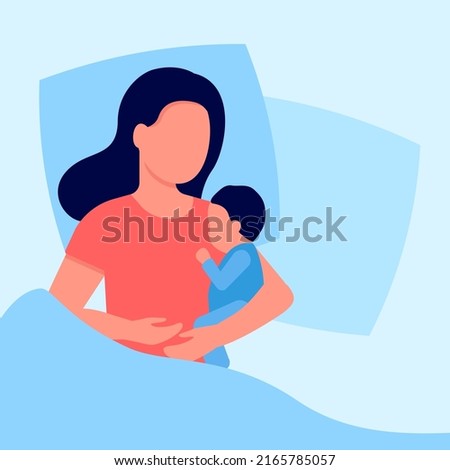 Mother sleeps with her newborn baby in bed. Family care for child and comfort relaxation. Breastfeeding, motherhood. Woman sleep together with kid. Vector illustration