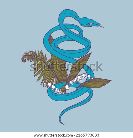 A snake preparing to attack among poisonous mushrooms, lilies of the valley and ferns. Color sketch for tattoo, print for clothes, poster. Vector illustration