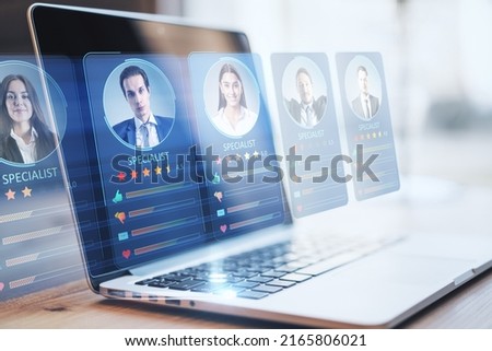 Human resource management concept. CV online to choose the perfect employee for business. Modern technologies for simplifying the human resources system. HR (human resources) technology. Royalty-Free Stock Photo #2165806021