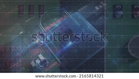 Image of security padlock and data processing over dark background. global communication and data security concept digitally generated image.