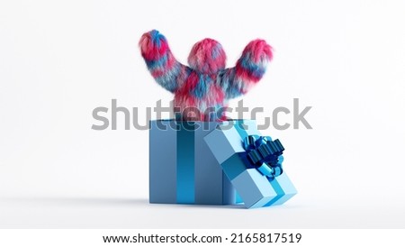3d render, funny colorful furry monster jumps out the big gift box, Yeti cartoon character celebrating birthday holiday. Festive party clip art isolated on white background