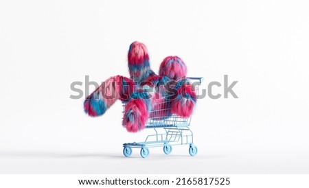 3d render, colorful hairy Yeti cartoon character sits inside the shopping cart. Funny furry bigfoot toy. Clip art isolated on white background
