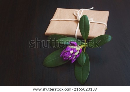 Purple azalea flower with a gift in craft packaging on a wooden black background.