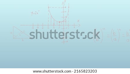 Image of mathematical equations on blue background. global science and digital interface concept digitally generated image.